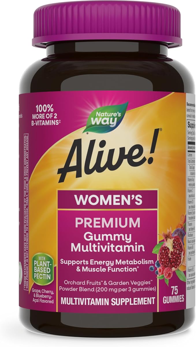 Nature’s Way Alive! Premium Women’s Gummy Multivitamin, Supports Energy Metabolism, Muscle Function*, B-Vitamins, Grape, Cherry, & Blueberry-Acai Flavored, 75 Gummies (Packaging May Vary)