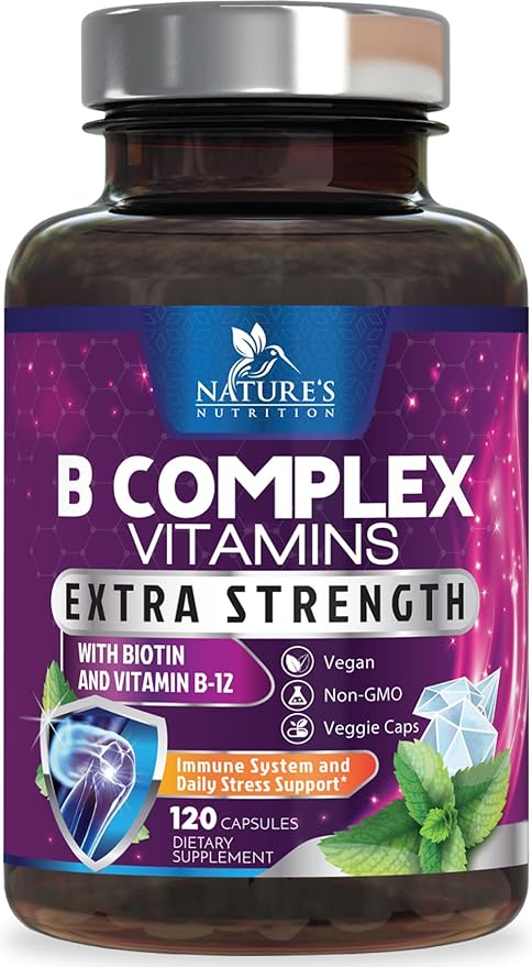 Vitamin B Complex Capsules with Vitamins B6 B12 B100 C Biotin Folate & Folic Acid - Supplement for Heart, Brain, & Nerve Support - Super Complete B-Complex for Immune & Energy Support - 120 Capsules