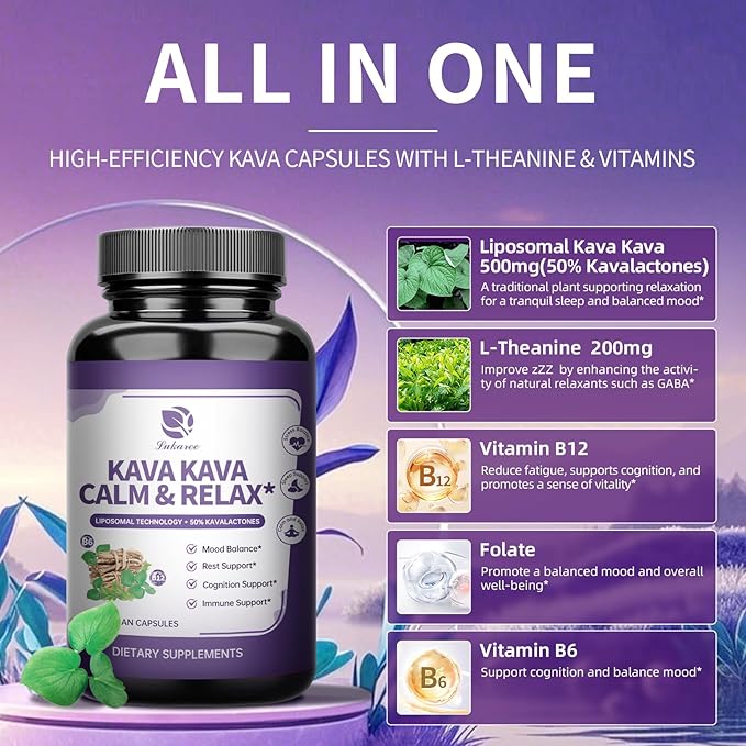 Kava Kava Root Extract Supplement - Liposomal Kava Capsules with L Theanine 200mg, 50% Kavalactones, Relax Calming Kava Extract, Vitamin B6, B12 - for Sleep, Mood, Cognitive & Immune Support, 2 Pack