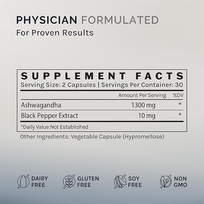 Ashwagandha for Mental Clarity and Well-Being, 60 Capsules (30-Day Supply), Adaptogenic Herbal Supplement with 1300 MG Ashwagandha