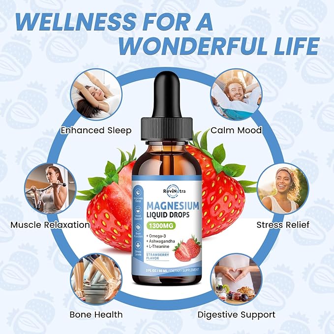 2 Pack Liquid Magnesium Glycinate Drops with Taurate & Citrate, Calm Magnesium with Omega3, L-Theanine, Potassium, Ashwagandha, Vitamin for Sleep, Muscle, Immune Health, Sugar-Free Strawberry Flavor