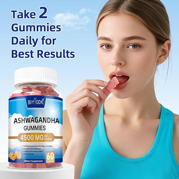 Ashwagandha Gummies for Women & Men： Ashwagandha Herbal Supplement for Stress Relief Immune Support and Calm Mood Vegan Gluten-Free Non-GMO 60 Gummies
