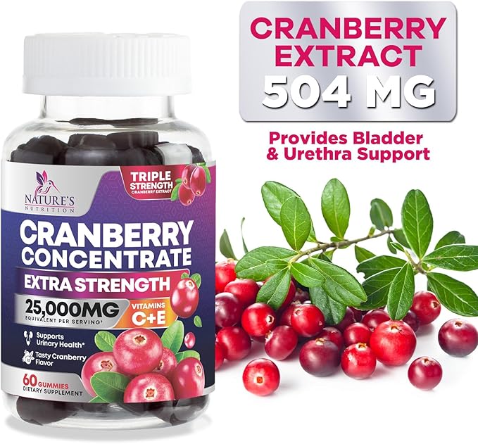 Cranberry Supplement Gummies + Vitamin C - Made with 25,000mg 50:1 Cranberry Extract to Help Cleanse and Protect The Urinary Tract, Nature's Chewable Cranberry Pills for Women, Non-GMO - 60 Gummies