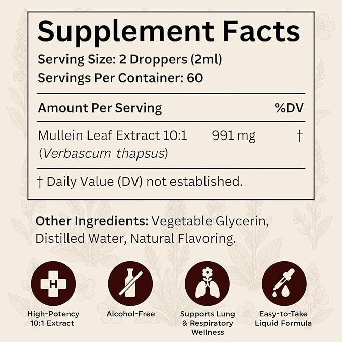 Lung Naturals Mullein Drops for Lungs, 10:1 Concentrated Mullein Leaf Extract for Respiratory Health, Natural Strawberry & Lemon Flavor, Alcohol-Free, 2-Month Supply, 60 Servings