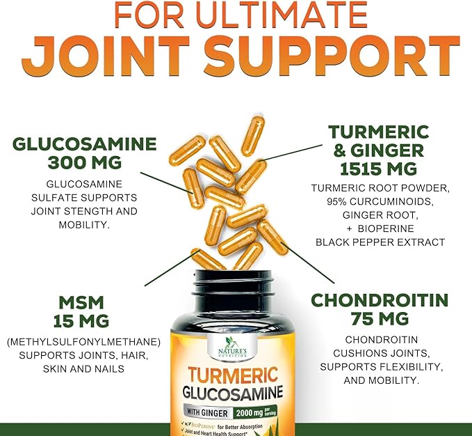 Turmeric Curcumin Supplement 2000mg with Glucosamine Chondroitin & Ginger, 95% Curcuminoids, BioPerine Black Pepper for Best Absorption, Nature's Joint Support, Non-GMO, Bottled in USA - 120 Capsules