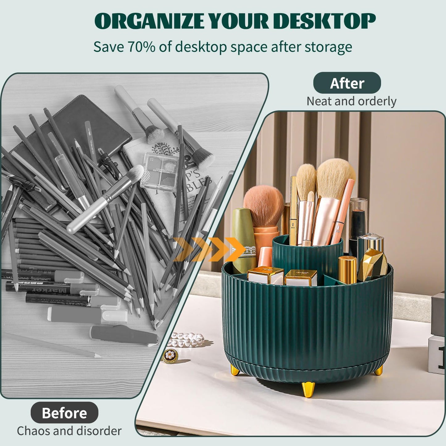 360° Rotating Makeup Organiser, Make Up Brush Holder with 5 Compartments, Desk Storage Container for Bedroom Dressing Table Cosmetics Organizer, Office Stationery Storage, Desktop Pen Holders (Green)