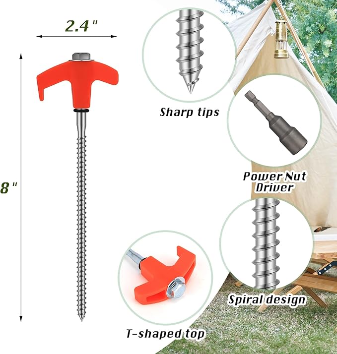 8" Screw in Tent Stakes 4PCS - Ground Anchors Screw in, Screw in Tent Stakes Heavy Duty, Galvanized - Camping Tent Accessories, Metal Threaded Tent Spikes with Hex Head Driver and Storage Bags