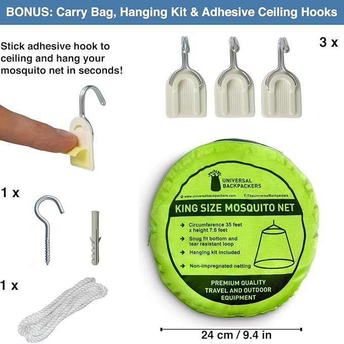 Mosquito Net for Single to King-Sized Beds – Fully-Enclosed Bed Canopy for Travel or Decoration – Free Bag, Hanging Kit & Adhesive Ceiling Hooks for Easy Setup