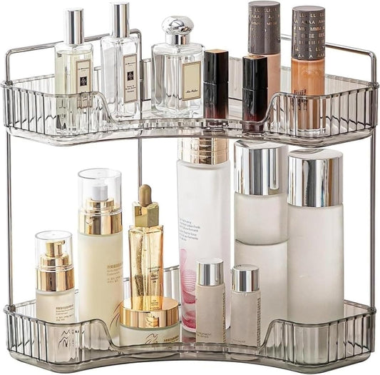 Corner Bathroom Vanity Organiser - Skincare Makeup Organiser Shelf, 2 Tier Grey Counter Shelf for Cosmetics, Toiletries, Lotions, Perfumes