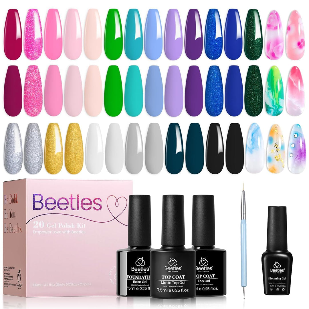 Beetles Gel Polish Set Green Pink Gel Nail Polish 19 Colors Light-Years Away Gel Polish With 1Pcs Blooming Gel&3Pcs Base Gel Glo