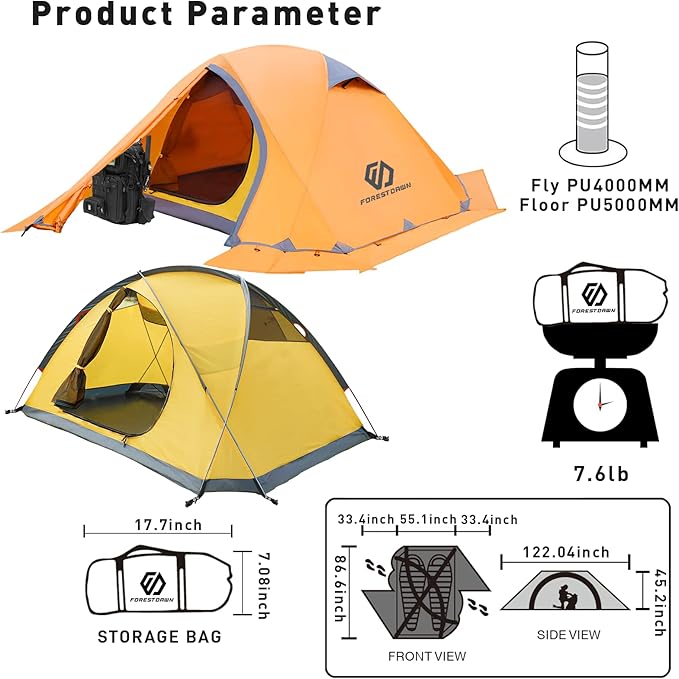 2 Person Camping Tent with 3 Aluminum Alloy Poles, 4 or 3 Season Waterproof Tent, Double Layer,Easy Setup, 2 Doors for Outdoor Hiking,Mountaineering,Survival,Travel