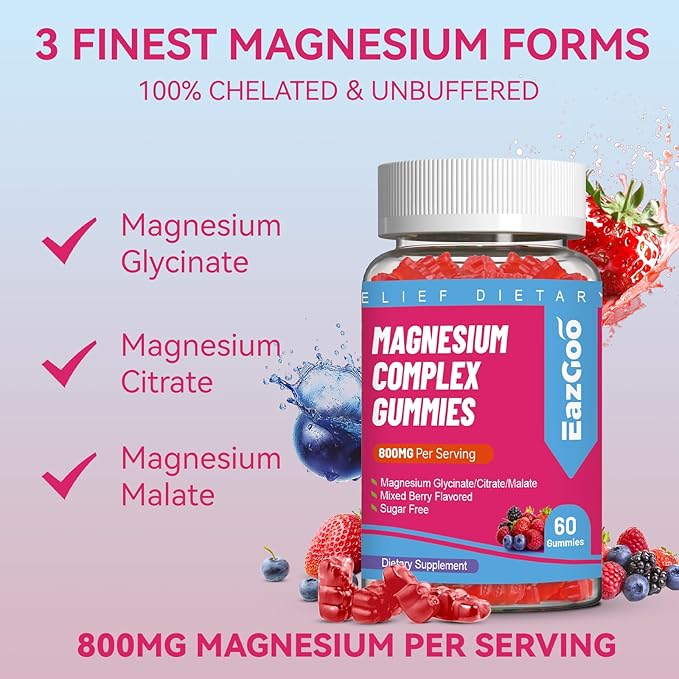 Magnesium Gummies 800mg - Vitamin D3, C, B6, B12 & Zinc Complex with Magnesium Glycinate, Citrate & Malate, Magnesium Complex Gummies for Muscle, Mood & Energy, Vegan 60 Counts