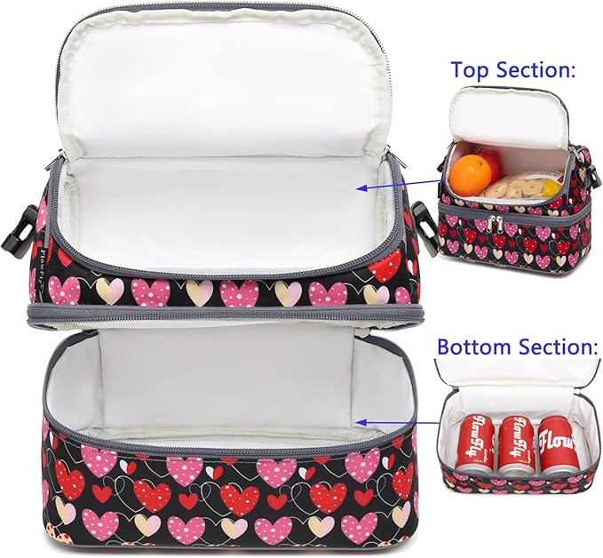 FlowFly Double Decker Cooler Insulated Lunch Bag Large Tote for Boys, Girls, Men, Women, With Adjustable Strap,Heart