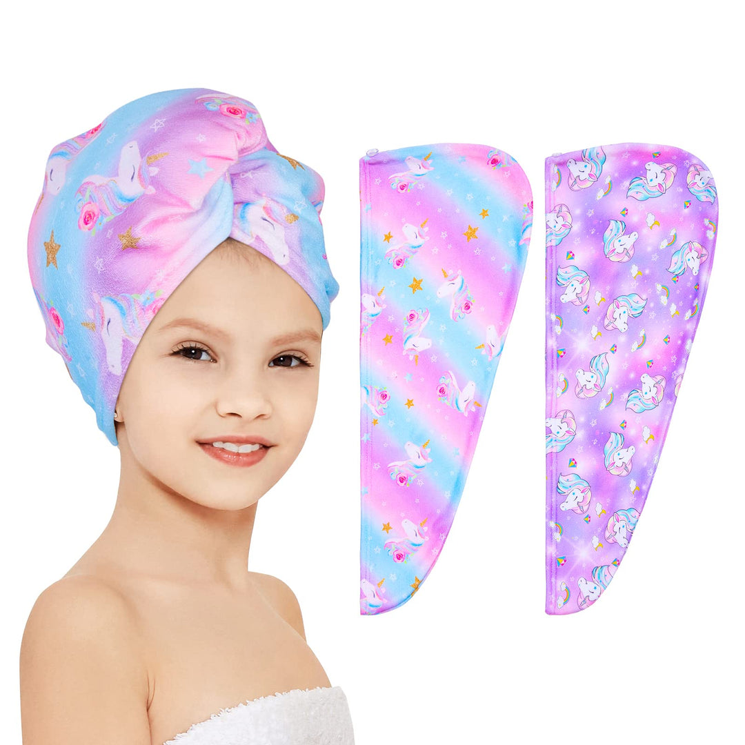 FIOBEE Microfiber Hair Towel Wrap for Kid Rapid Drying Towel Absorbent Hair Turbans for Wet Hair with Button Women Girls Long Curly Hair Pack of 2, Light Purple