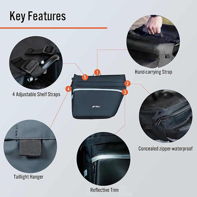 BV Bike Panniers 26L With Adjustable Hooks, Commuter Panniers For Bicycles With Carrying Handle, Bag With 3M Reflective Trim For More Visibility, Fit Most Rack