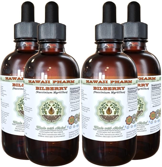 Bilberry Alcohol-Free Liquid Extract, Organic Bilberry (Vaccinium myrtillus) Dried Leaf Glycerite Hawaii Pharm Natural Herbal Supplement 4x4 oz