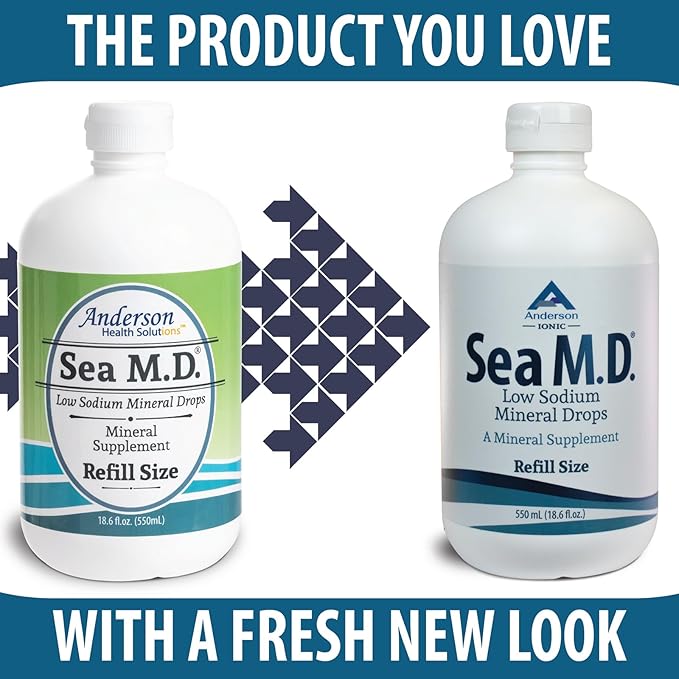 Anderson Sea M.D. New Refill Size Concentrated Trace Mineral Drops, Ionic Electrolyte Magnesium Supplement, Aids in Muscle Cramps, Joint Health, Liquid Magnesium, Easy to Take, 550mL, 275 Servings
