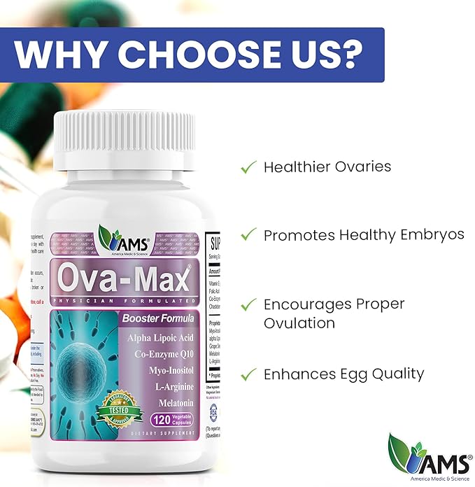 America Medic & Science OVA-Max Prenatal Vitamins for Women (120 Capsules) Boosts Fertility and Ovulation | Pregnancy Aid and Female Preconception Supplements with CoQ10, Folic Acid, and Myo-Inositol