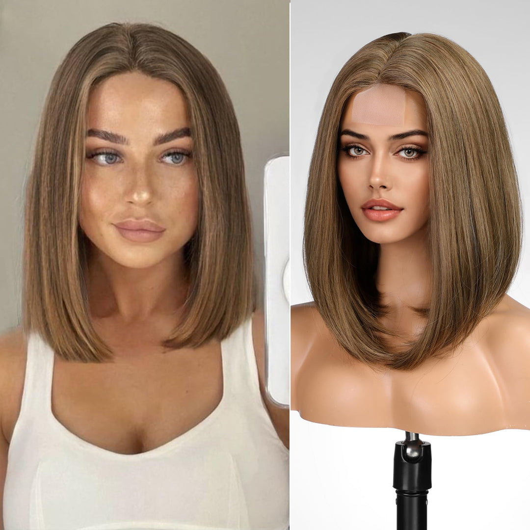 Kome Natural Brown Short Bob Wigs,Brown Straight Shoulder Length Wigs For Women,Middle Part Heat Resistant Fibre Synthetic Wig D