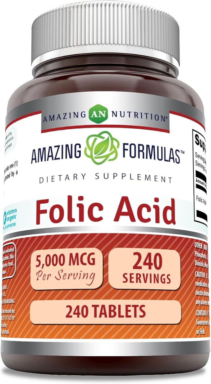 Amazing Formulas Folic Acid Supplement | 5000 Mcg | Tablets | Non-GMO | Gluten Free | Made in USA (240 Count)