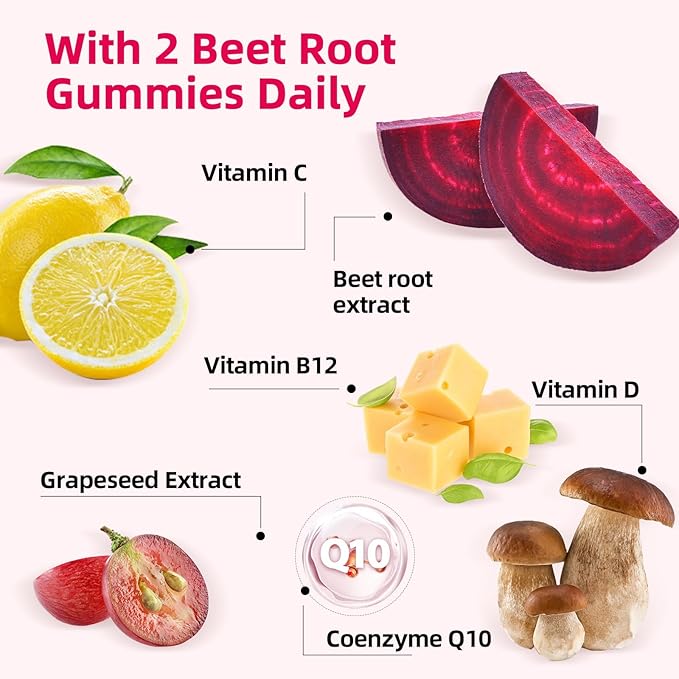 Beet Root Gummies - Beets Chewables for Heart & Circulation Support Nitric Oxide Energy Boost, Sugar Free Beet Gummies Supplement for Blood Pressure with Vitamin C D B12 Grapeseed Coenzyme Q10 60ct