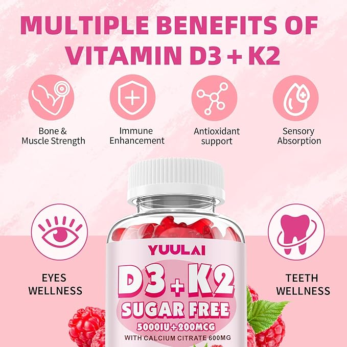 Pack of 2 Vitamin D3 K2 Gummies, D3 Vitamin 5,000 IU + K2 200mcg - Vegan K2 D3 Vitamin Supplement, Highly Absorbent Supports Bone, Muscle, Immune, Raspberry, 120 Count