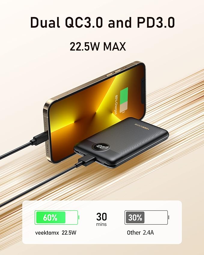 VEEKTOMX Mini Power Bank 10000mAh, 22.5W Fast Charging Small Portable Charger with PD 3.0 & QC 3.0,USB C Slim Compact iPhone Charger, Dual Output Compatible with iPhone, Samsung,Travel Must Haves