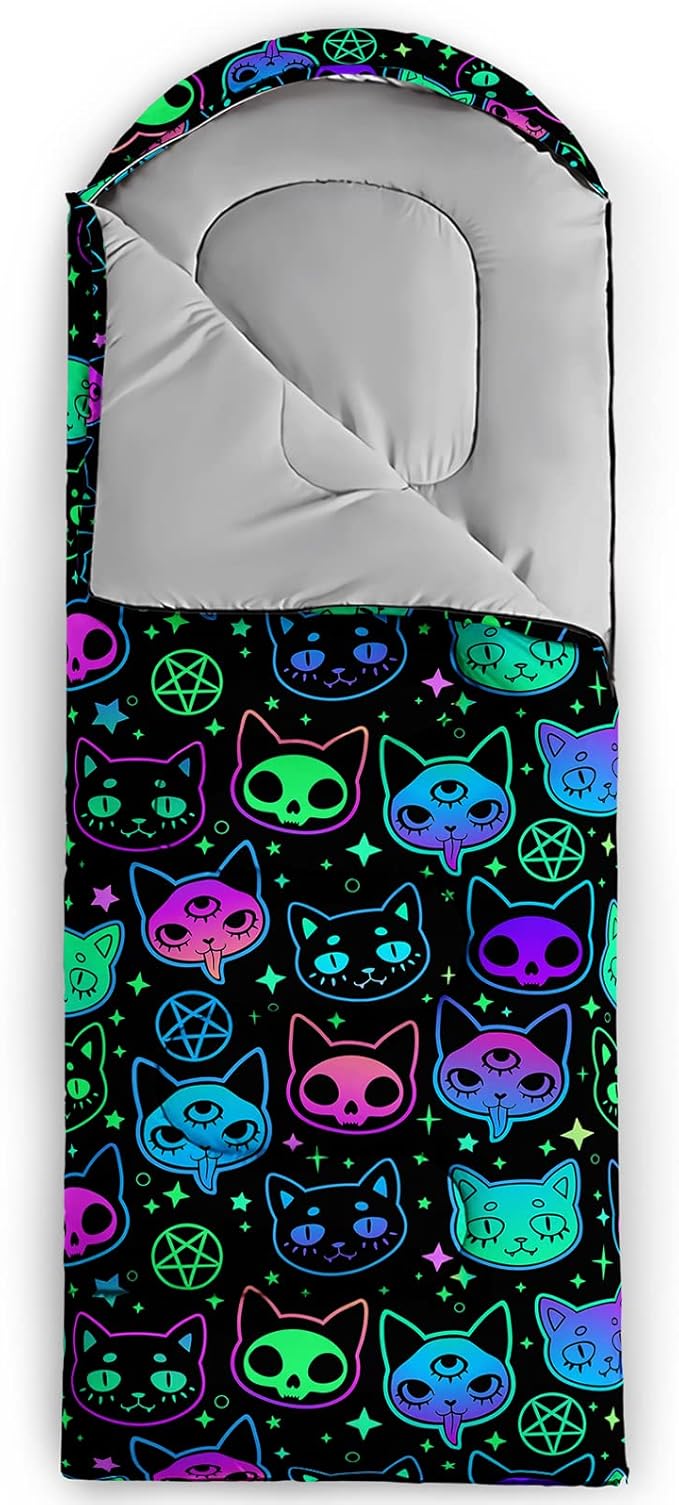 Axolotl Colorful Cats 3 Season Sleeping Bag for Kids, Girls, Teens - Warm and Cool Weather Pet Animal Theme, Waterproof Lightweight for Traveling, Outdoors Camping Equipment