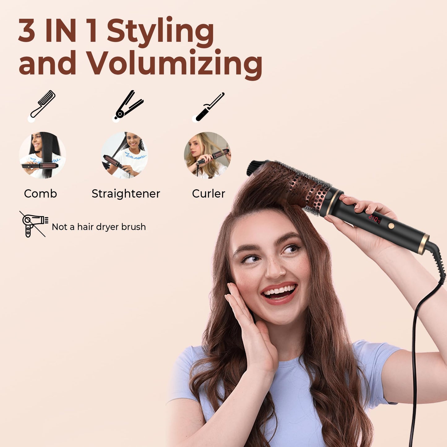 38MM Thermal Brush, Ionic Thermal Brushes, Double PTC Round Brush Heated Curling Iron Temp 120-200°C, Heat Brushs, Volumative Therma Brushes, Create Root Volume & Loose Curls