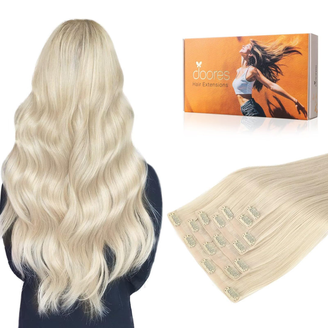 Doores Clip In Hair Extensions Human Hair, Platinum Blonde Virgin Human Hair Clip In Extensions, Invisible Edge Clip In, 130G 7P
