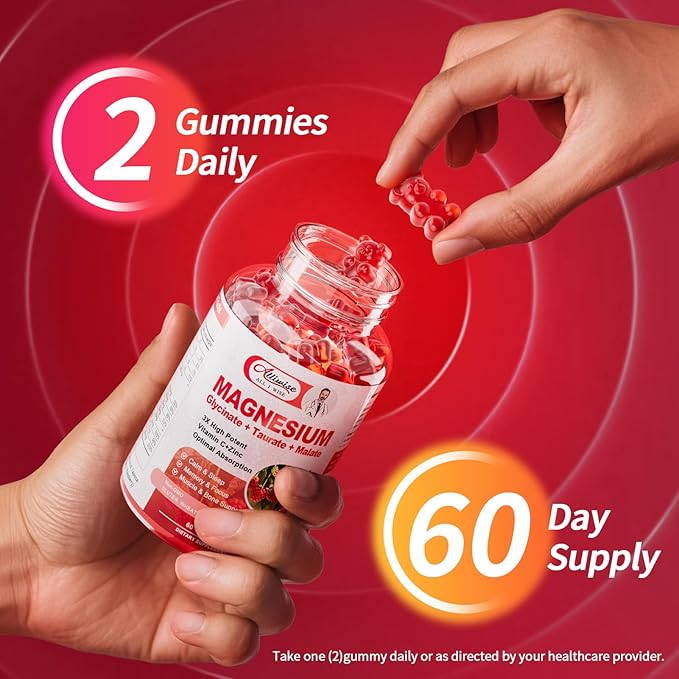2Pack Magnesium Glycinate Gummies 500mg,Magnesium Potassium Supplement with Taurate, Malate, Vitamins D, C, B6, Calcium,Body Support,Raspberry Magnesium Gummies for Adults&Kids