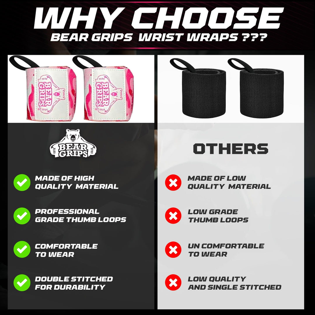 Bear Grips Extra Strength Gym Wrist Wraps for Weightlifting | 2 Wrist Wraps Per Pack | 12" & 18" | Pink, Polyester Material | Unisex
