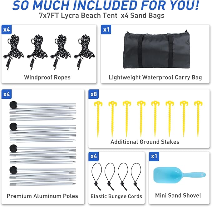 Beach Tent Pop Up Shade Canopy Sun Shelter UPF50+ with 4 Stability Poles/Carry Bag/Ground Pegs/Sand Shovel/Windproof Ropes Portable Outdoor Family Sunshade for Beach Camping (Navy Blue, 7×7FT)