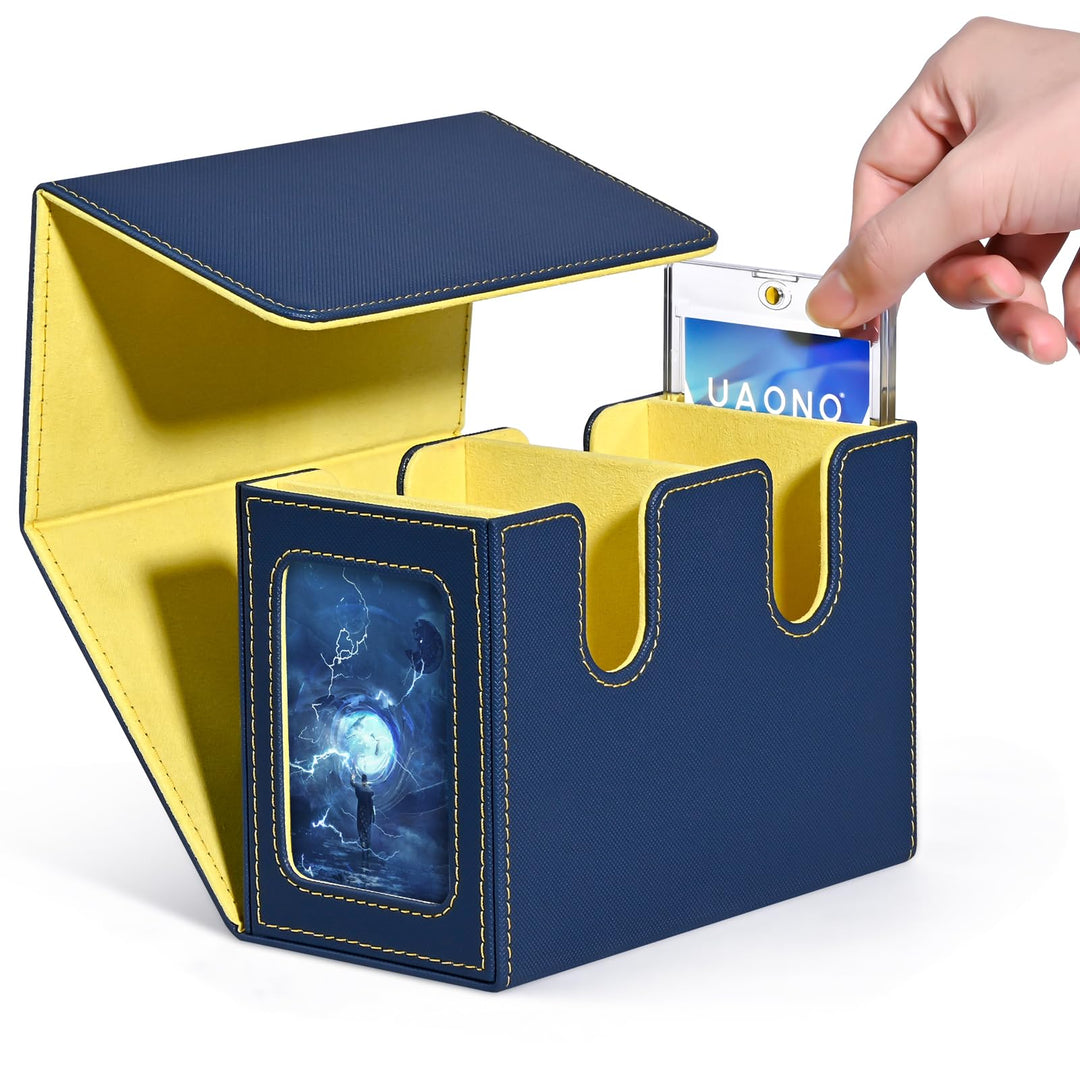 UAONO Deck Box with Dual Commander Displays, Card Storage Box Holds 280+ Single-Sleeved Cards, Trading Card Box Suitable for CCG, MTG, EDH (Blue&Yellow)