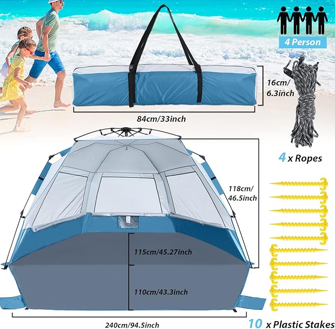 Beach Tent Instant Pop up Sun Shade Shelter for 4-6 Person with UV Protection，Extended Floor，3 Mesh Roll Up Windows with Carry Bag, Sandbags, Stakes(Turquoise)