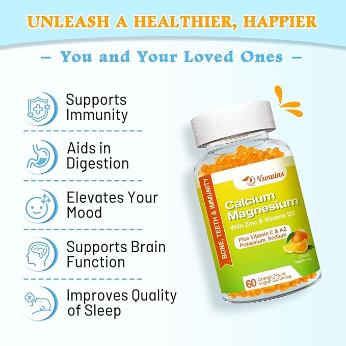 High Absorption Calcium Gummies, Sugar Free Calcium Magnesium Supplement with Potassium Vitamin D3 for Men and Women - Vegan, Orange Flavor 120 Cts