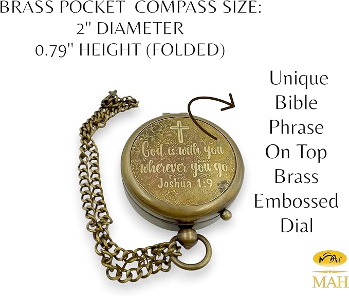Handmade Religious Compass – “God is with You” Engraved Working Brass Gift – Christian Baptism, Confirmation, Christening or First Communion Keepsake for Boys, Teens & Men – Guided by Faith