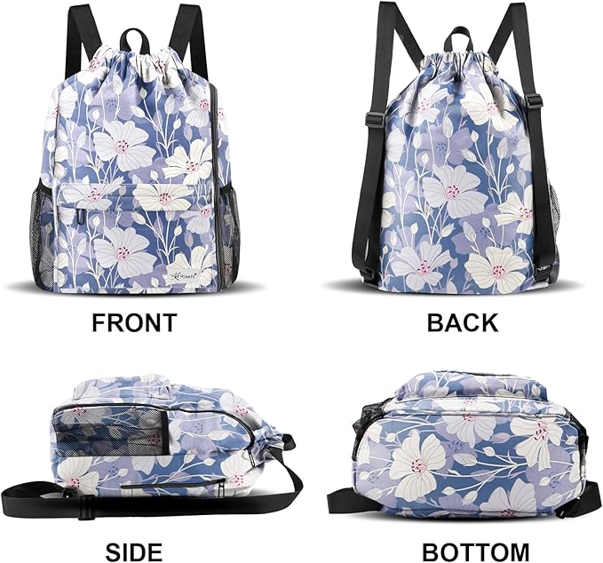 Drawstring Backpack with Mesh Pockets String Gym Bag Sackpack Sandproof Water Resistant Beach Backpack for Men Women