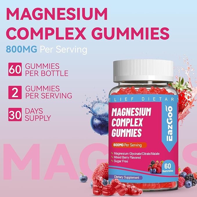 Magnesium Gummies 800mg - Vitamin D3, C, B6, B12 & Zinc Complex with Magnesium Glycinate, Citrate & Malate, Magnesium Complex Gummies for Muscle, Mood & Energy, Vegan 60 Counts