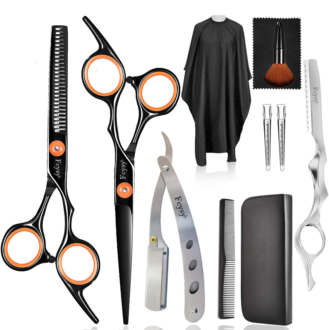 Hair Scissors Thinning Shears For Hair Cutting, Fcysy Professional Barber Scissors Blending Shears Kit With Straight Edge Razor