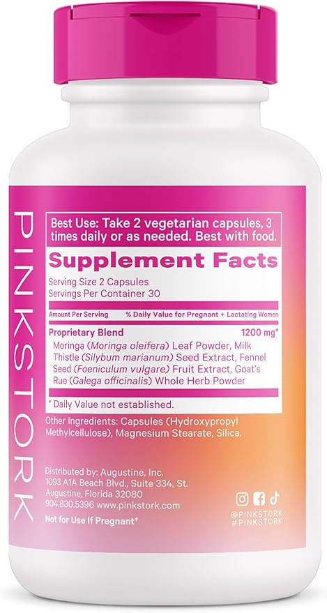 Pink Stork Pumping Moms Lactation Supplement - Support Breast Milk Supply and Flow with Goat's Rue, Milk Thistle and Moringa, Fenugreek-Free, Breastfeeding Essentials for New Moms - 60 Capsules