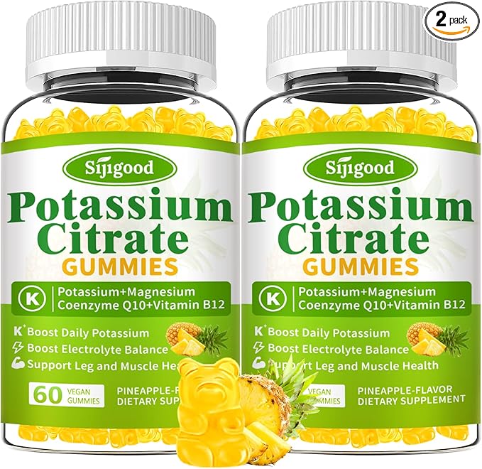2 Pack Potassium Citrate Gummies – High Potency Potassium Supplement for Muscle Health, Leg Cramp Relief, Electrolyte Balance – Vegan, Non-GMO, Gluten-Free, Pineapple Flavor, 120 Count