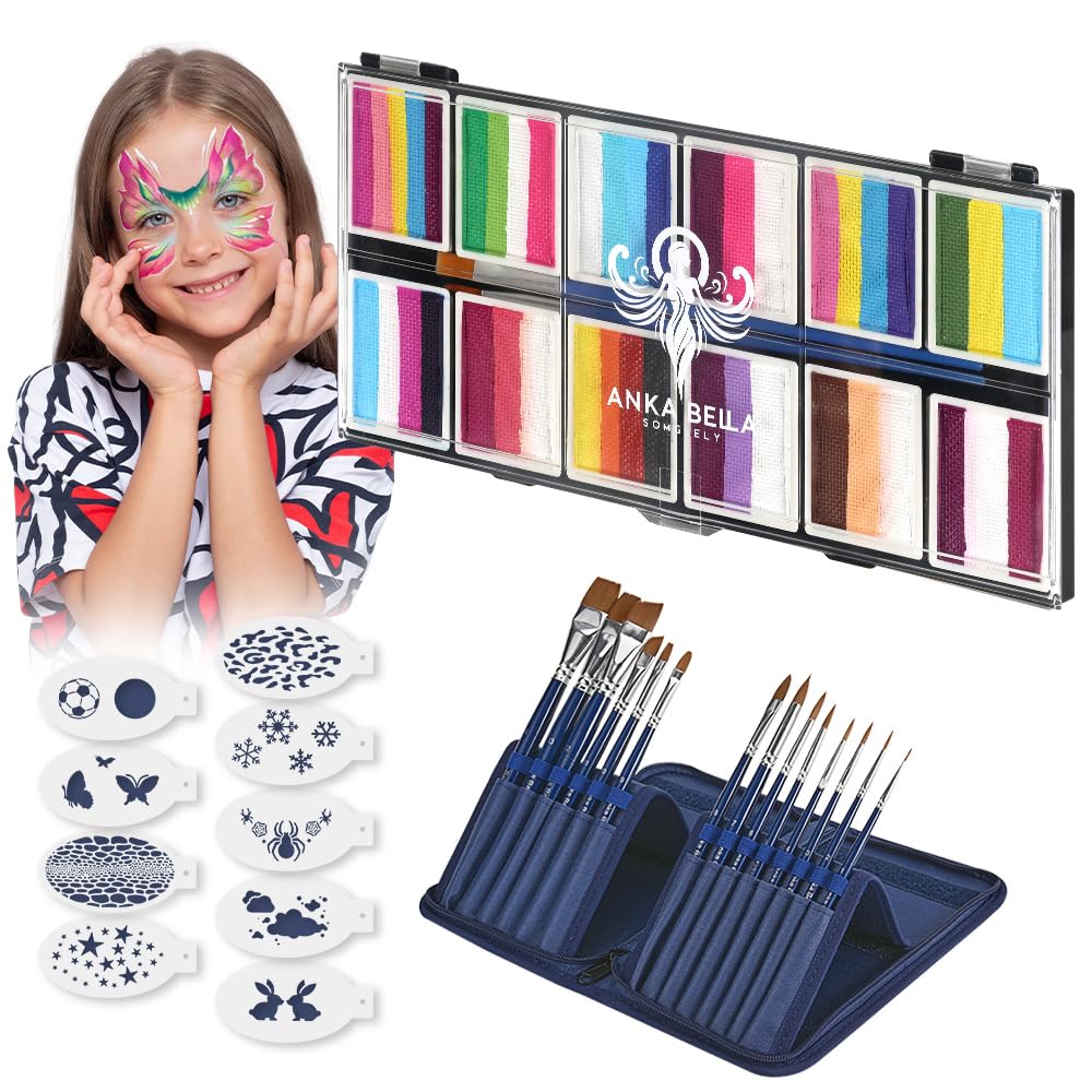 Anka Bella Face Painting Kit Professional12x10gm Water Based Non Toxic Face Paint with Stencils &14 Professional Brushes,for Birthday Halloween Makeup Party ,Rainbow Body Paint Festivals kisd&Adults