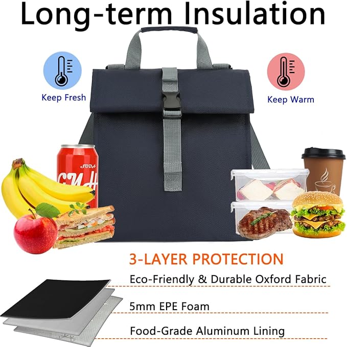 Insulated Lunch Bag for Men/Women,Roll top Reusable Lunch Box with Adjustable Shoulder Strap,Thermal Lunch Cooler Tote Container for Adults Work Office Picnic,Cyan