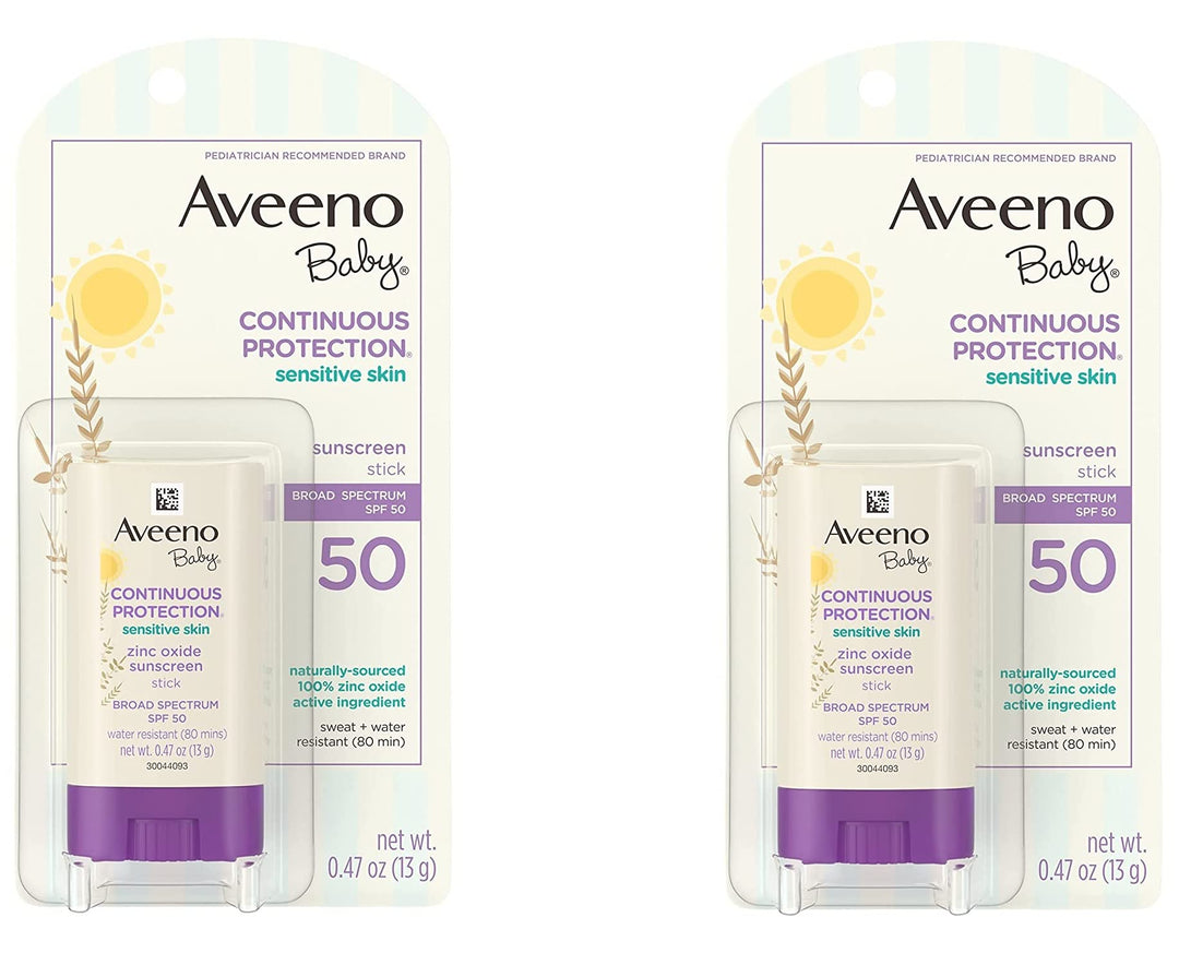 Aveeno Baby Continuous Protection Mineral Sunscreen Stick for Sensitive Skin with Broad Spectrum SPF 50 Protection for Face & Body, Naturally Sourced 100% Zinc Oxide, Travel Size, 0.47 oz (Pack of 2)
