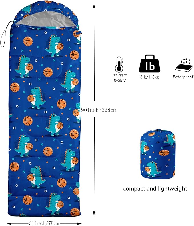 AILONEN Boys Sports Camping Sleeping Bags,Lightweight & Waterproof,3 Season Warm & Cool Weather,Black Player Basketball Sleeping Bags for Kids Adults,Travelling,Outdoors