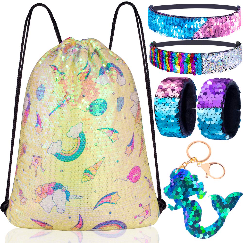 Mermaid Reversible Sequin Drawstring Backpack/Bag Clear Iridescent Sequin+Multi-Patterns Yellow Fabric for Kids Girls One_Size
