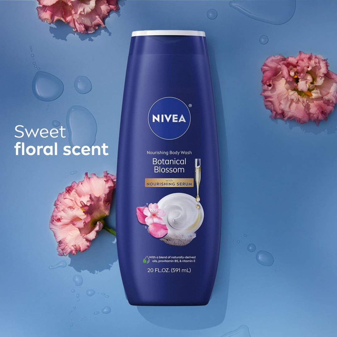 NIVEA Nourishing Botanical Blossom Body Wash with Nourishing Serum, Moisturizing Body Wash for Women, Enriched with Provitamin B5 and Vitamin E, 20 Fl Oz Bottle