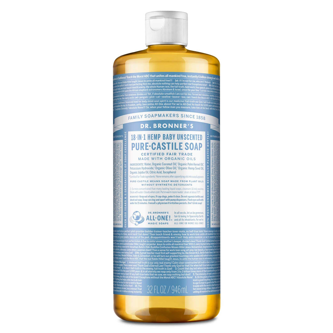 Dr. Bronner's Pure Castile Liquid Soap - Made with Regenerative Organic Certified Oils - 18-in-1 Uses for Face, Body, Hand Gentle on Baby & Sensitive Skin Body Wash Unscented,32oz