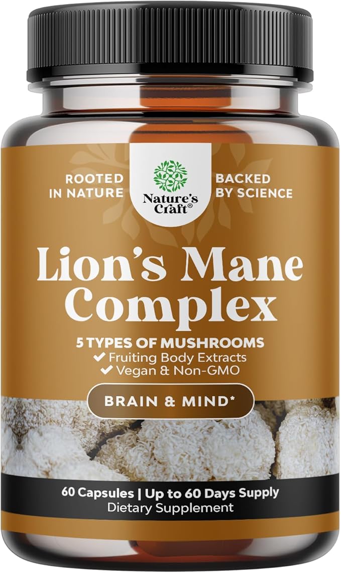 Advanced Lion's Mane Mushroom Supplement - Lions Mane Supplement Capsules with Reishi, Chaga , Maitake & Shiitake for Brain Health, Memory Support & Focus - Nootropic for Mental Clarity - 60 Caps